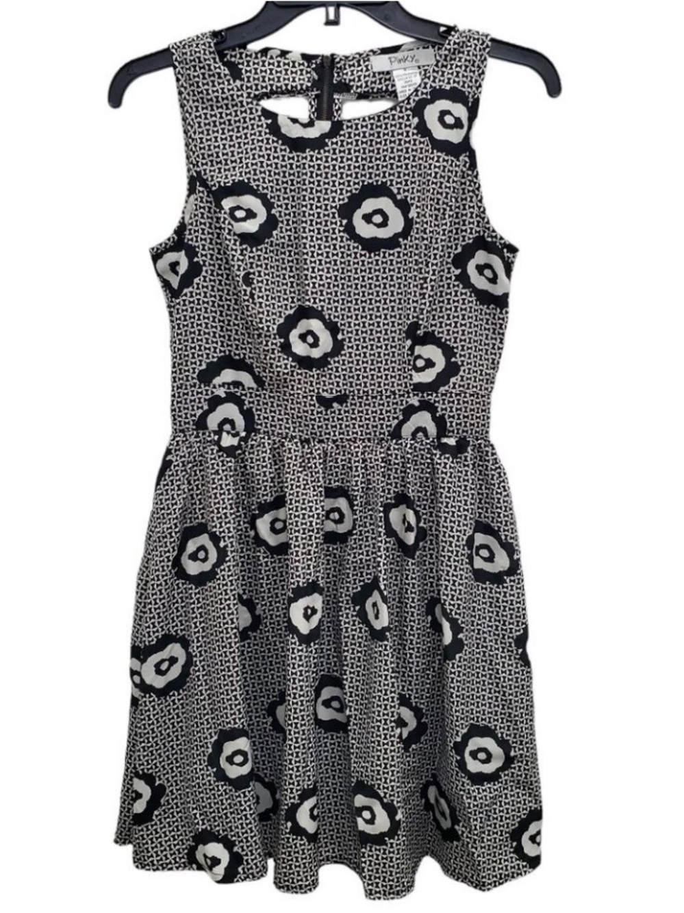 Pinky Women's Y2K White Black Retro Floral Fit n Flare Sleeveless Dress Sz S